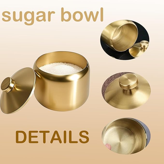 15oz Stainless Steel Sugar Bowl Includes lid and spoon. Elegant modern sugar jar with gold finish, durable sugar container for coffee bar accessories and decor. Perfect for home and kitchen storage.
