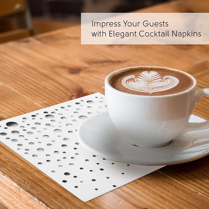 Stylish Silver Cocktail Napkins, 200 White and Silver Napkins, Disposable 5x5 Inch Silver Party Napkins, Wedding Napkins, Silver Paper Napkins, Wedding Cocktail Napkins, Silver and White Napkins