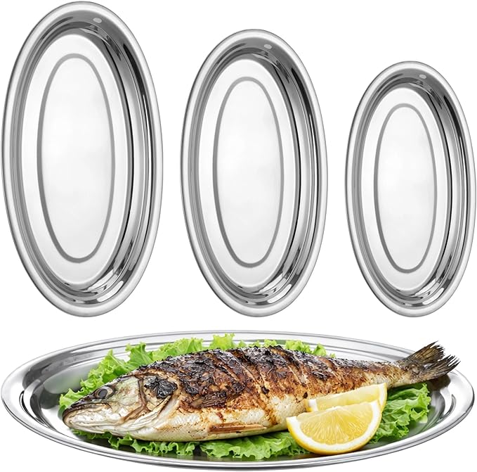 3 Pcs Stainless Steel Serving Tray Set, Large Oval Platter Set, Mirror Polish Sizzle Plate, Heavy Duty Dinner Plates, 11.9/13.6/15.7 in, Silver-Tone Serving Trays for Kitchen, Restaurant