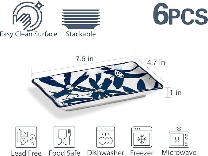 ONEMORE Rectangular Serving Plates Set of 6-7.5 inch Ceramic Blue and White Appetizer Plates - Microwave, Oven & Dishwasher Safe, Classic Style, Sturdy, Scratch Resistant - Vintage Blue
