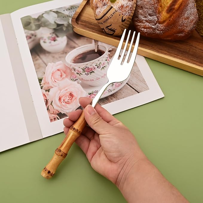 Mirror Polished Silverware Set - Bamboo Handle Cutlery Set - Stainless Steel Flatware Serving Set for Home Restaurant Wedding and Parties - 4 Pieces Serving Utensils