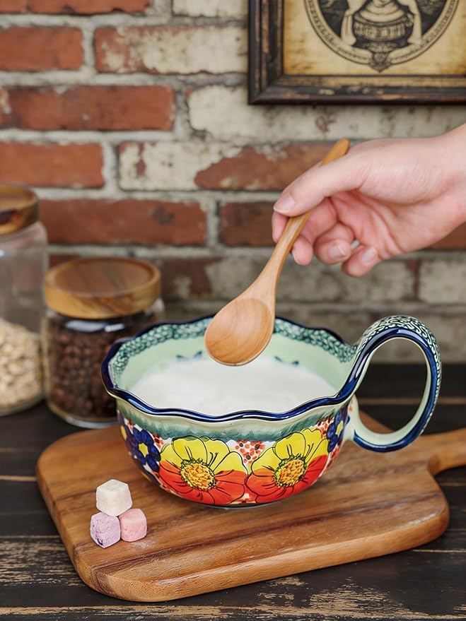 silesia Handmade Ceramic Soup Bowl, 30 oz Hand Painted Bowl with Loop Handle, Floral Design Cereal Bowl for Soup, Ice cream, Snack, Microwave & Dishwasher Safe (Glazed Green)