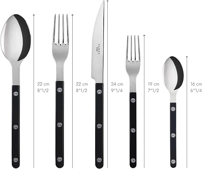 SABRE PARIS - 5-Piece Flatware Set - Bistrot Collection - Knife, Fork, Soup Spoon, Teaspoon & Dessert Fork - Stainless Steel & Nylon - Dishwasher Safe - Black - Brilliant Finish