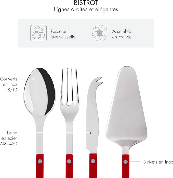 SABRE PARIS - 4-Piece Serving Set - Bistrot Collection - 2 Serving Flatware, Serrated Pie Server, Large Cheese Knife - Stainless Steel & Nylon - Dishwasher Safe - Burgundy - Brilliant Finish