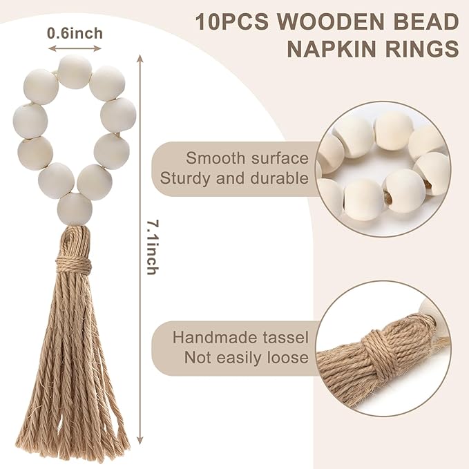 Boho Woven Placemats Set of 10 with Wooden Napkin Rings, Round Charger Plates, Natural Ranttan Dinner Place Mats for Dining Table Decor - 13.8 inch