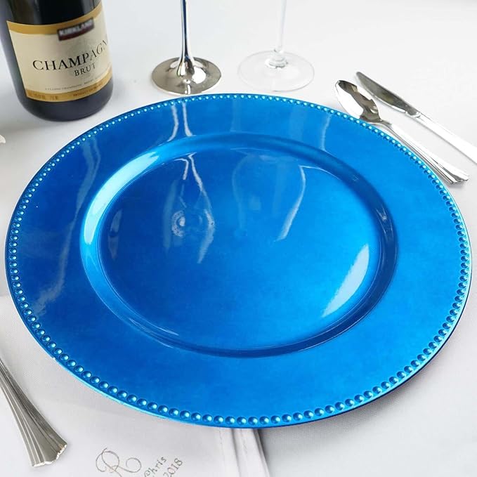 13" Charger Plates -Set of 12 - Acrylic Royal Blue Round Beaded Disposable Chargers, Ideal for Dinner Party Wedding Bulk Events Tabletop Decoration