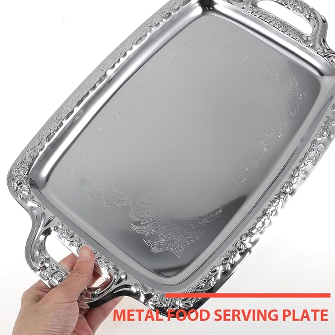 Homoyoyo Silver Serving Tray With Handles, Mirror Finish Rectangular Metal Tray 13.5*9 Inch for Food Serving Coffee Table Dessert Platter Stainless Steel Decorative for Kitchen Dining Room Wedding Use