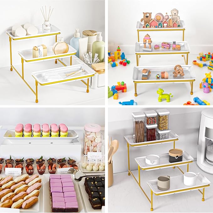 3 Tier Serving Tray for Party, 14"x7" Tiered Serving Platters with Steel Display Stand for Sevring Food,Cookies,Veggie, Dessert,Fruit, Gold