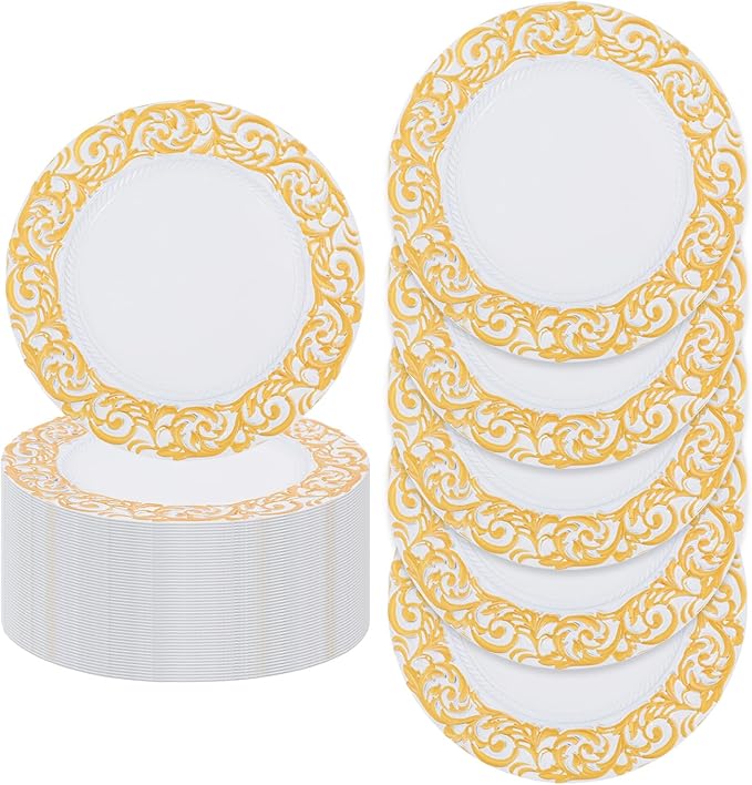 50 Pcs Antique Charger Plates Bulk 13" Round Floral Chargers for Dinner Plates, White Charger Plates for Wedding, Party, Elegant Tabletop Decor (White+Gold)
