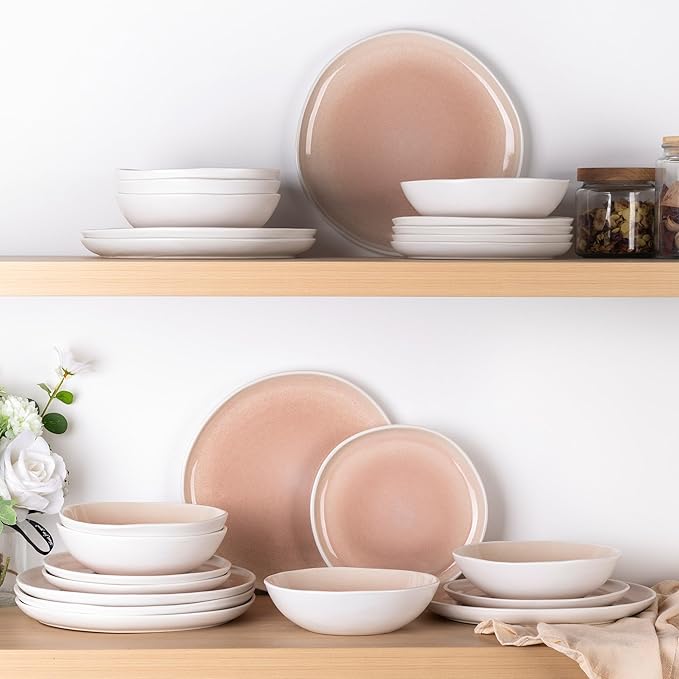 AmorArc Ceramic Dinnerware Sets,Handmade Reactive Glaze Stoneware Plates and Bowls Sets,Highly Chip and Crack Resistant | Dishwasher & Microwave Safe Dishes Set,Service for 4 (12pc)-Pink