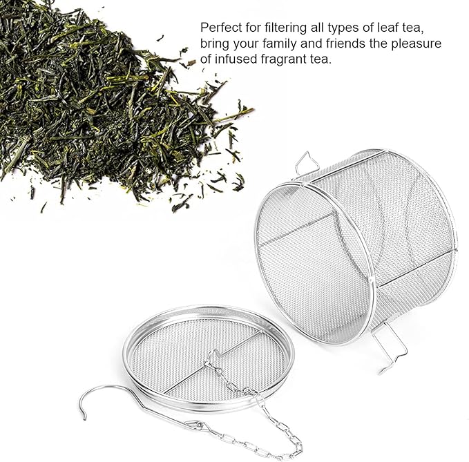 Stainless Steel Tea Ball Strainer, 14 * 10cm Extra Fine Mesh Infuser Basket with Chain and Hook Lid for Brewing Loose Leaf Tea, Spices, Seasonings in Cups Mugs Pots