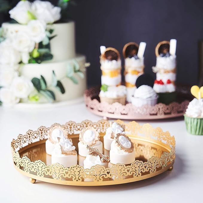 Plastic Round Premium Decorative Serving Tray with Embellished Rims - Gold