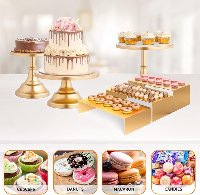 ROVSUN 8PCS Gold Cake Stand Set, Dessert Table Display Set, Metal Cupcake Tower Stand, Fruit Candy Donut Risers Stands with Serving Tongs Cutting Knife for Wedding Birthday Party Baby Shower