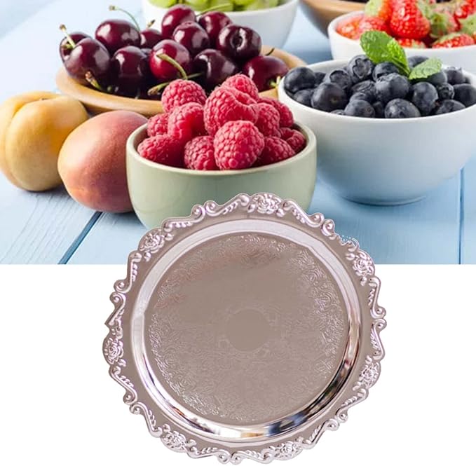 Round Fruit Plate, Metal Food Serving Tray Vintage Round Fruits Serving Platter Plates, Fruit Tray Dessert Cake Decorative Disk for Cakes, Desserts, and Baked Goods Wedding Holiday Party(Silver)