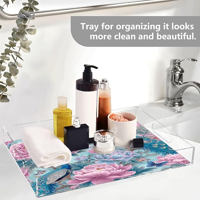 Serving Tray with Handles Clear Acrylic Tray 12x16 Inch Decorative Rectangular Tray Organizer for Ottoman Coffee Table Bathroom Light Blue Peacock Butterflies and Flowers