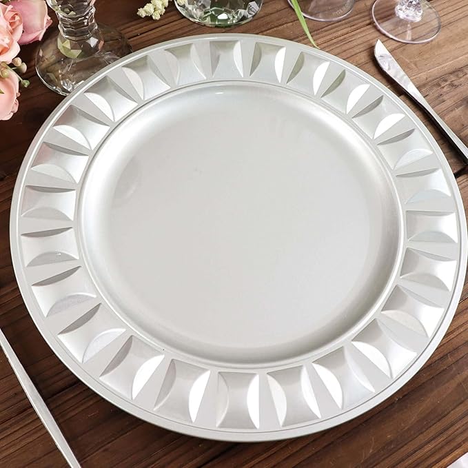 Efavormart 6 Pack | 13" Silver Round Bejeweled Rim Plastic Dinner Serving Trays, Disposable Charger Plates