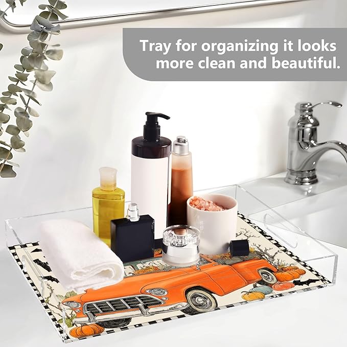 Serving Tray with Handles Clear Acrylic Tray 12x16 Inch Decorative Rectangular Tray Organizer for Ottoman Coffee Table Bathroom Orange Truck Halloween Bat Pumpkin