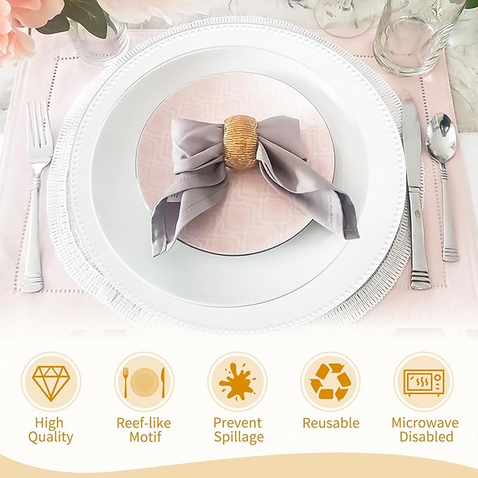 fani 50 Pcs White Charger Plates Bulk, 13'' Round Beaded Dinner Charger Plates, Plastic Reusable Vintage Table Decoration for Wedding, Party, Reception, Event, Holiday Supplies