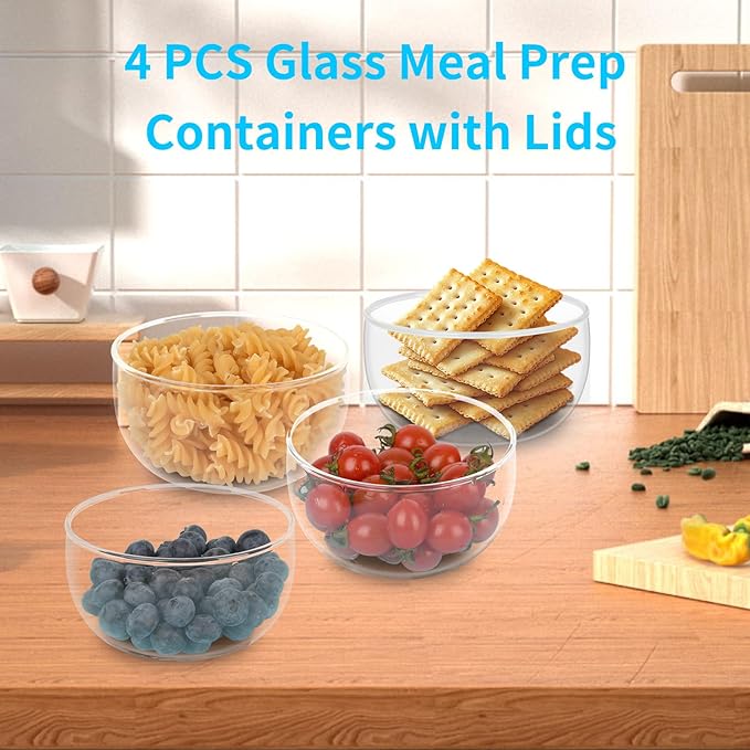 11oz Small Cute Glass Dessert Bowls/Cups with Lid, Glass Bowl for Dessert Snack Rice Side Dishes, Dip Bowl, Perfect for Dessert, Ice Cream, Fruit, Salad, Snack, Condiment, Trifle, Set of 4
