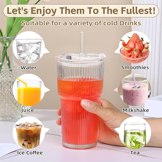 AFINSEA 20OZ Glass Tumbler with Straw and Lid,Glass Cups with Lids and Straws,4PCS Ribbed Iced Coffee Cups Vintage Glassware for Juice Whiskey Cocktail Beer
