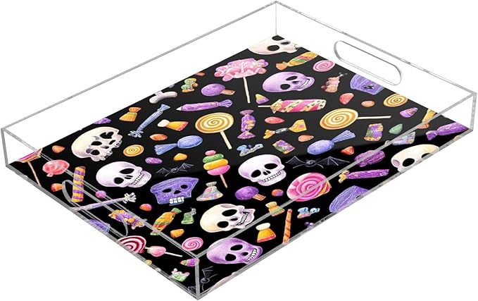 Serving Tray with Handles Clear Acrylic Tray 12x16 Inch Decorative Rectangular Tray Organizer for Ottoman Coffee Table Bathroom Halloween Skulls Lollipops Candies