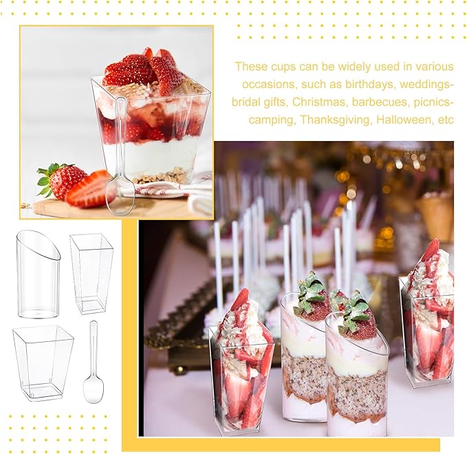 Funtery 300 Pack Mini Dessert Cups with Spoons Bulk Clear Plastic Slanted Round Parfait Appetizer Cup for Desserts Shooters(3oz, 5oz,Round, Square, Square)