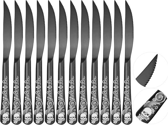 Skull Ultra Sharp 2-IN-1 Serrated Knives, Chef Knife Set Serrated Knives of 12 - Professional Design Collection - 18/0 Stainless Sharp Dinner Knives Unique Skull Pattern Design