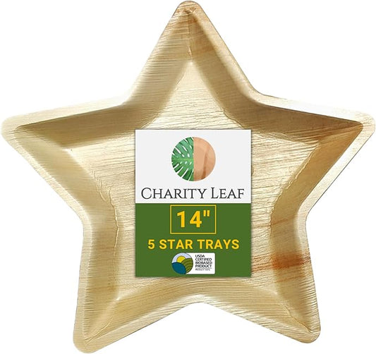 Charity Leaf Disposable Palm Leaf 14" Star Plates (5 pieces) Bamboo Like Serving Platters, Disposable Boards, Eco-Friendly Dinnerware For Christmas, Weddings, Catering, Events
