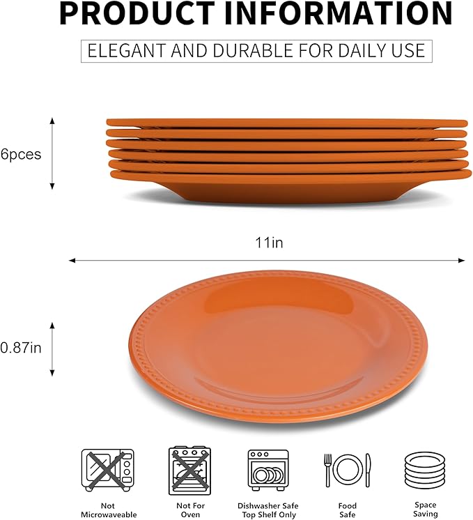 Melamine Beaded Dinner Plate Set of 6, BPA Free, Platter, Serving Dishes, Chip & Break Resistant, Lightweight, Great for Dining, Weddings & Everyday Meals (Fall, 11in (Pack of 6))