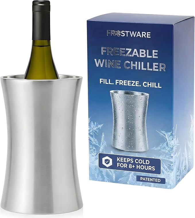 Frostware Patented Wine Chiller Bucket – Fill-With-Water & Freeze Stainless Steel Wine Bottle Chiller and Cooler Keeps Drinks Cold for 8+ Hours, Double Wall Insulated Design for Home Entertaining