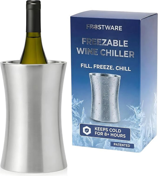 Frostware Patented Wine Chiller Bucket – Fill-With-Water & Freeze Stainless Steel Wine Bottle Chiller and Cooler Keeps Drinks Cold for 8+ Hours, Double Wall Insulated Design for Home Entertaining