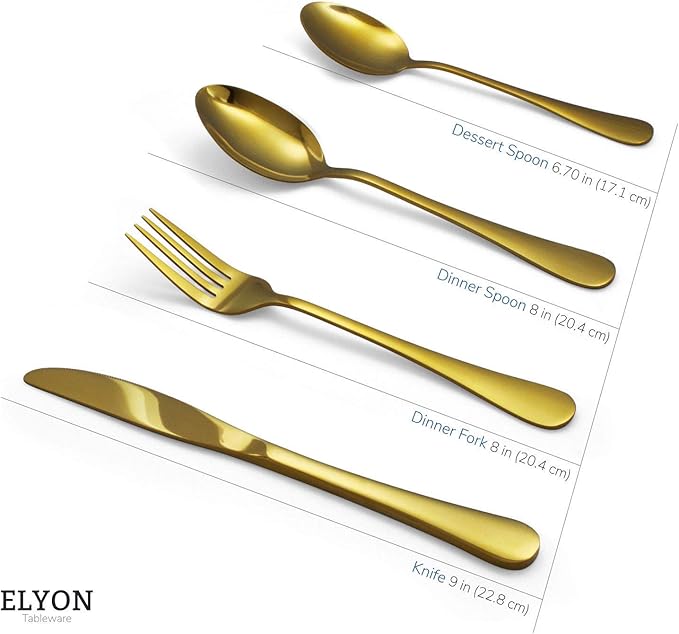 Elyon Tableware® Euro 24 piece Gold Flatware, Stainless Steel Silverware Set, Reflective Mirror Finish Cutlery Set, Reusable Dishwasher Safe, Service For 6