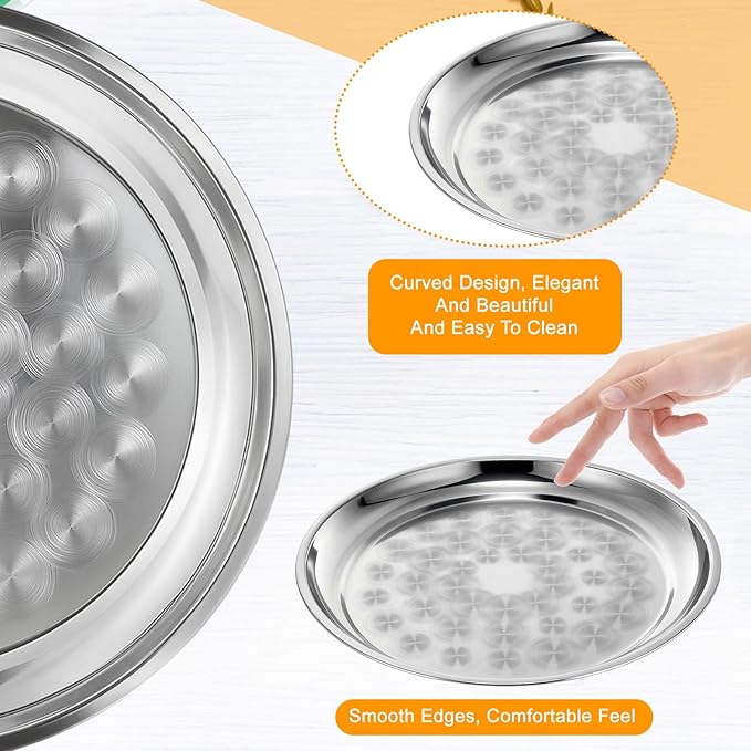 8 Pack Stainless Steel Round Serving Tray with Swirl Pattern Bulk Large Round Tray Silver Metal Display Serving Platter for Coffee Party Club Home (16 Inch)