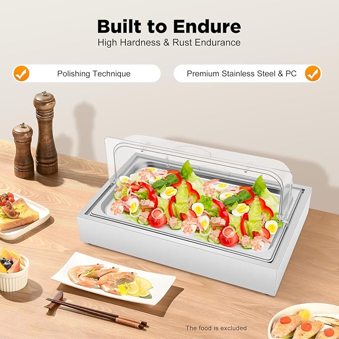 Single Compartment Ice Food Display Tray, 1.59Gal Stainless Steel Buffet Cooler Platter with Clear Lid & Reusable Gel Ice Box, for Outdoor Party Restaurant - Silver (Silver-1)