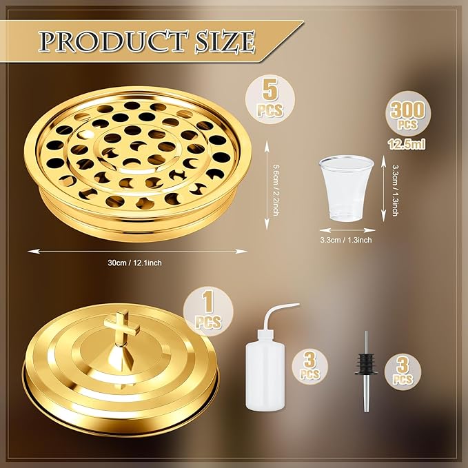 Zhehao 5 Sets Holy Communion Trays for Churches with Lid, Including 300 Disposable Communion Cups, 3 Churches Cup Fillers, 3 Spouts (Golden)