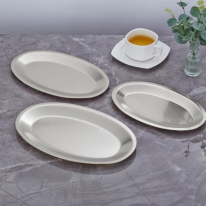 SANQIAHOME 10.9x6.7 Inch Thick Stainless Steel Dinner Plate 2-Piece Set, Egg-Shaped Appetizer Plate,Silver