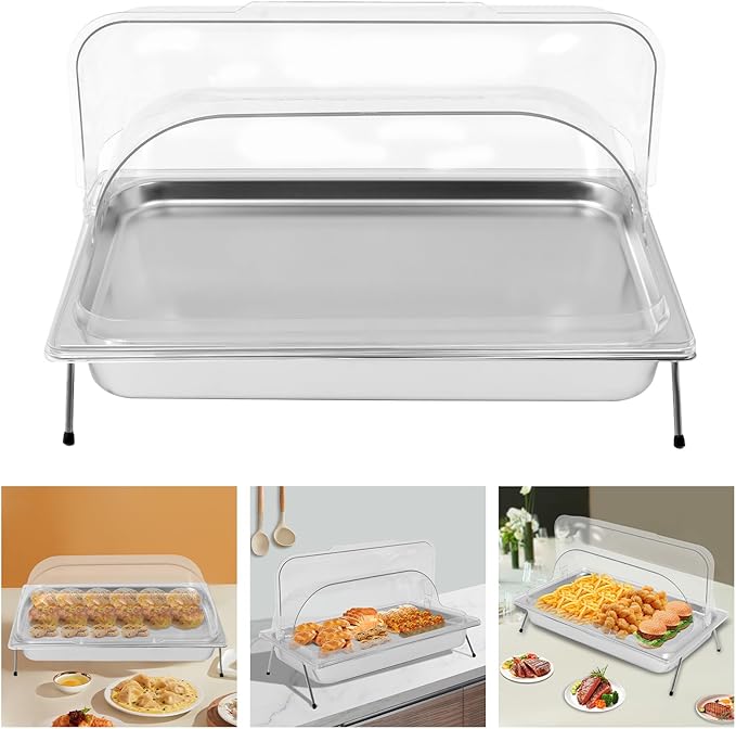 Ice Food Serving Tray, Stainless Steel Food Serving Container with Clear Roll Top Cover, Cold Buffet Platter Cooler Chiller, Food Display Plate with Ice Tray for Seafood Fruit Desserts Party