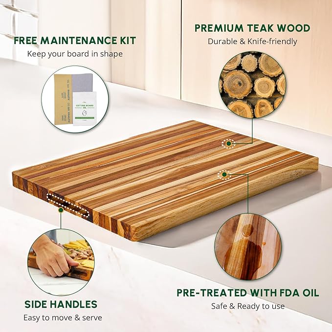 BEEFURNI Teak Wood Cutting Board with Hand Grip (M, 20x15x1.25"), Large Wooden Cutting Boards for Kitchen, Chopping Board Wood, Butcher Block, Charcuterie Board, Christmas Gifts, 1-Year Warranty