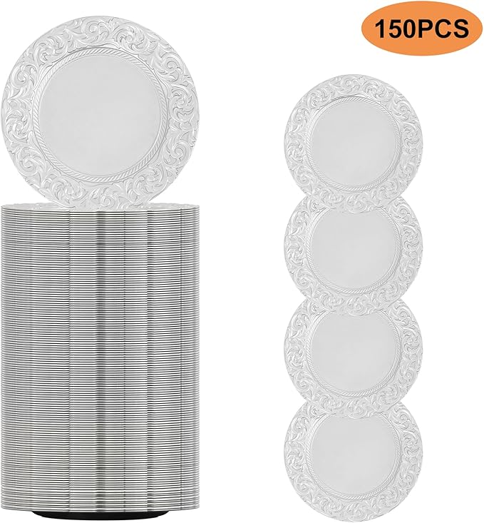 Sliver Plastic Charger Plates Set of 150, 13” Reusable Party Chargers for Dinner Plates, Elegant Round Service Plate Chargers Bulk Decorative for Wedding, Catering Table Decor