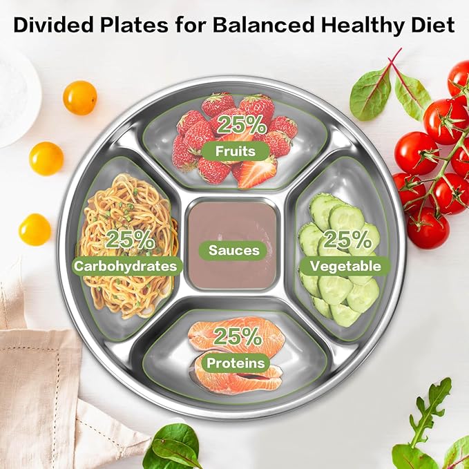 Stainless Steel Divided Dinner Plate 8'' Reusable Portion Control Plate - Metal Separated Plates & Lunch Dinner Plates Set - Round Serving Platter, BPA-Free Microwave-Safe for Meal Prep, Work & Family