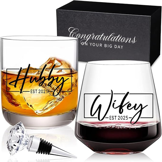 Wedding Gifts for Couples 2025,Bridal Shower Gifts, His and Hers Gift,Whiskey Wine Glasses with Diamond Wine Stopper Set，Anniversary Christmas Gift for Couples，Hubby and Wifey