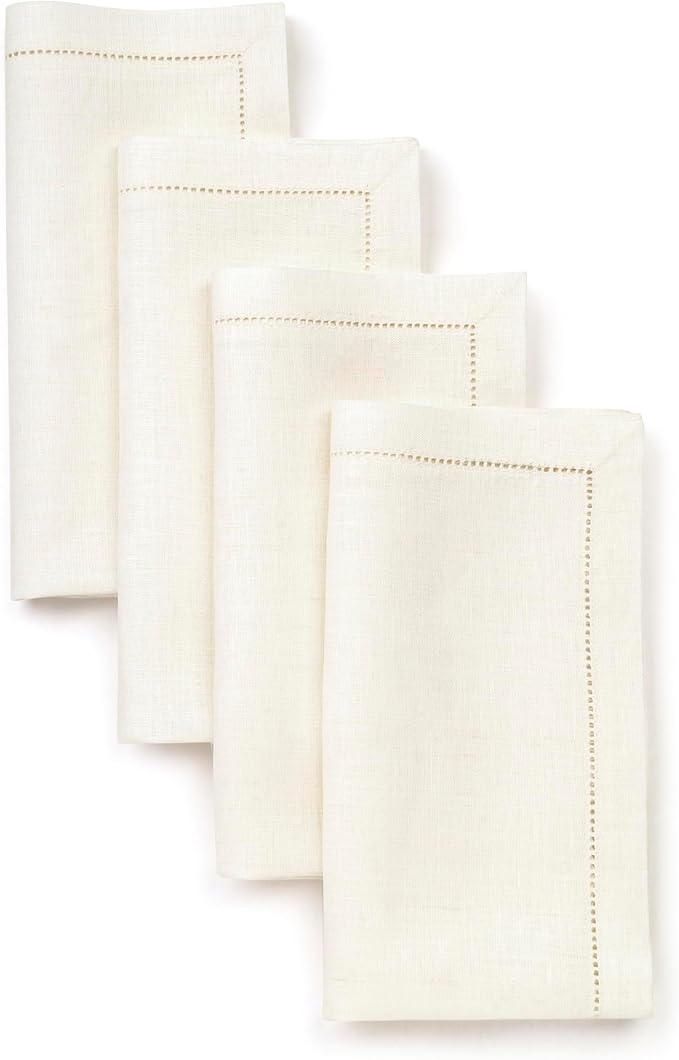 D'Moksha Homes Ivory Linen Napkins Set of 4 - Classic Hemstitch 100% Pure Linen Hemstitch Dinner Napkins 20 x 20 Inch for Winter, Christmas, Holiday, New Year - Handcrafted and Machine Washable
