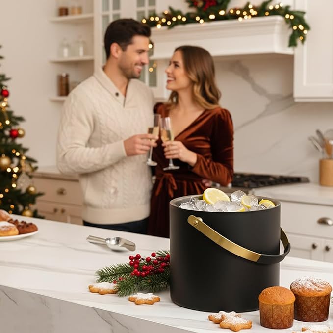 3.2L/3.4QT Modern Insulated Ice Bucket with Silicone Lid, Scoop, Strainer, Double Wall Stainless Steel Ice Bucket for Parties & Cocktail Bar,Ideal for Gift(Black)