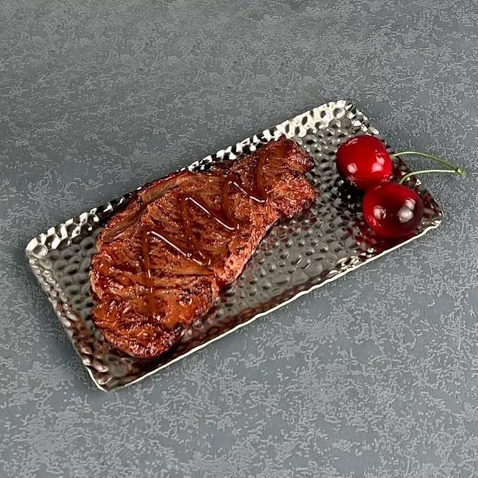Mini Serving Platter Stainless Steel Serving Tray Hammered Rectangular 7.7 x 3.7 Inch Small Dessert Plates Coffee Table Tray Decorative Plates for Kitchen Party Silver