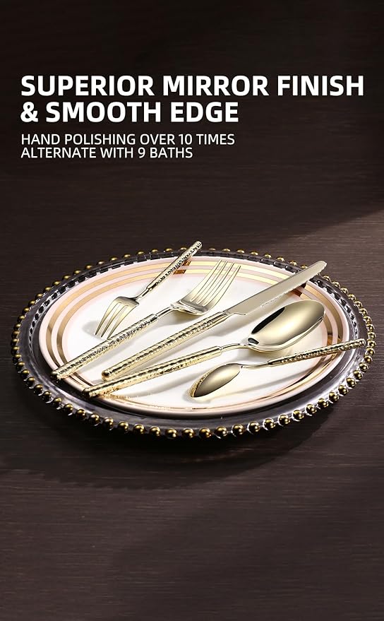 20-Piece Silverware Set, Stainless Steel Flatware Set for 4, Modern Hammered Utensil Tableware Set Include Dinner Knife/Fork/Spoon, Mirror Finish, Dishwasher Safe (20, champagne gold)