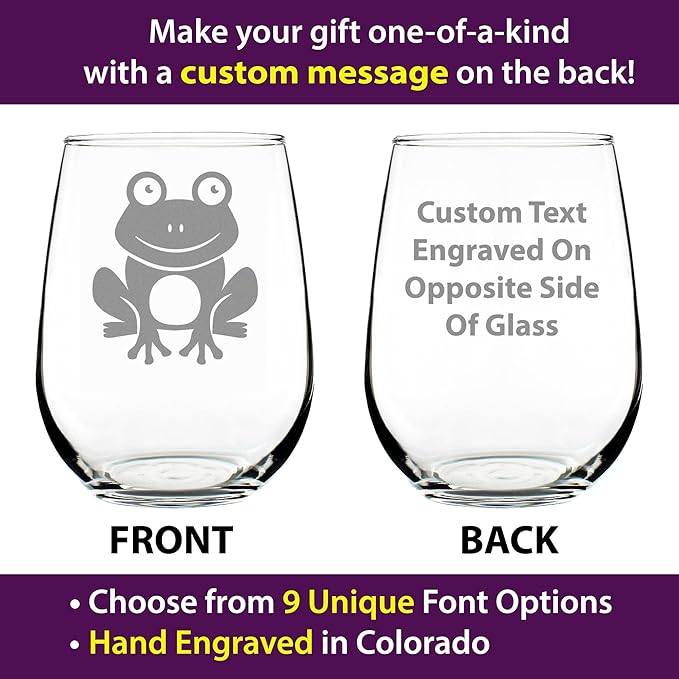 Custom Happy Frog - Personalized Stemless Wine Glass - Themed Gifts and Decor for Frog Lovers - Large 17 Oz - Customized Wine Glass Gift