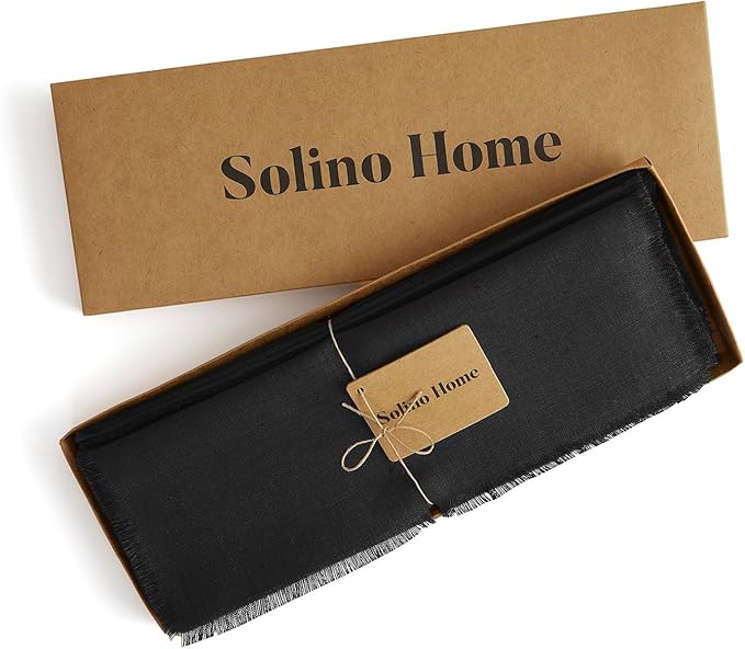 Solino Home Linen Black Placemats Set of 4 - 100% Pure Linen Placemats 14 x 19 Inch for Christmas, New Year - Fringe