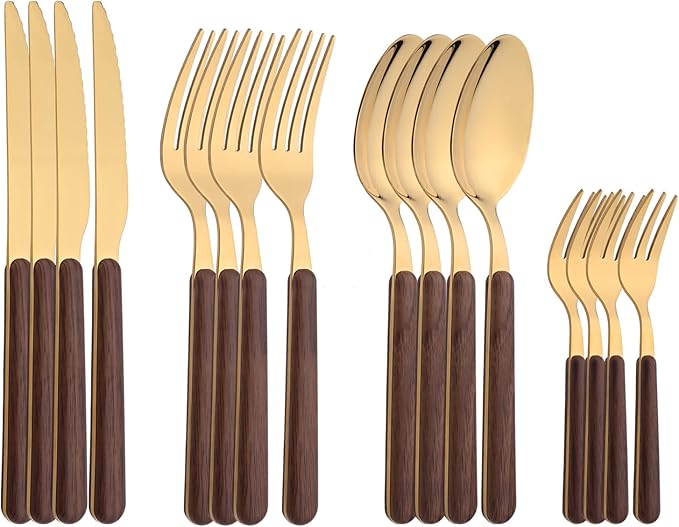 Brown Gold Silverware Set, 16 Pieces Stainless Steel Flatware Cutlery Set with Faux Wooden Handle, 4 x Dinner Knife, 4 x Dinner Fork, 4 x Tablespoon, 4 x Fruit Fork, Mirror Polished
