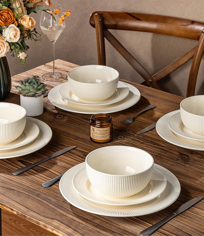 TheTerra Stoneware Dinnerware Sets for 4, 12 Pieces Ceramic Plates and Bowls Sets, Scratch Resistant Embossed Dish Set, Oven, Microwave & Dishwasher Safe, Beige
