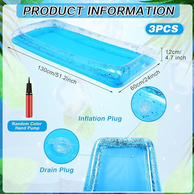 3 Pcs Inflatable Serving Bar Salad Ice Tray Food Drink Candy Buffet Containers Picnic Pool Inflatable Cooler with a Drain Plug and a Hand Pump, 53 x 23.6 x 4.7 Inch(Blue)